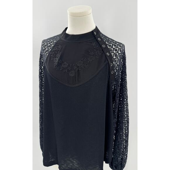 Free People Black Embroidered Lace Top Waffle Knit Shirt M Victorian Goth - Picture 2 of 7